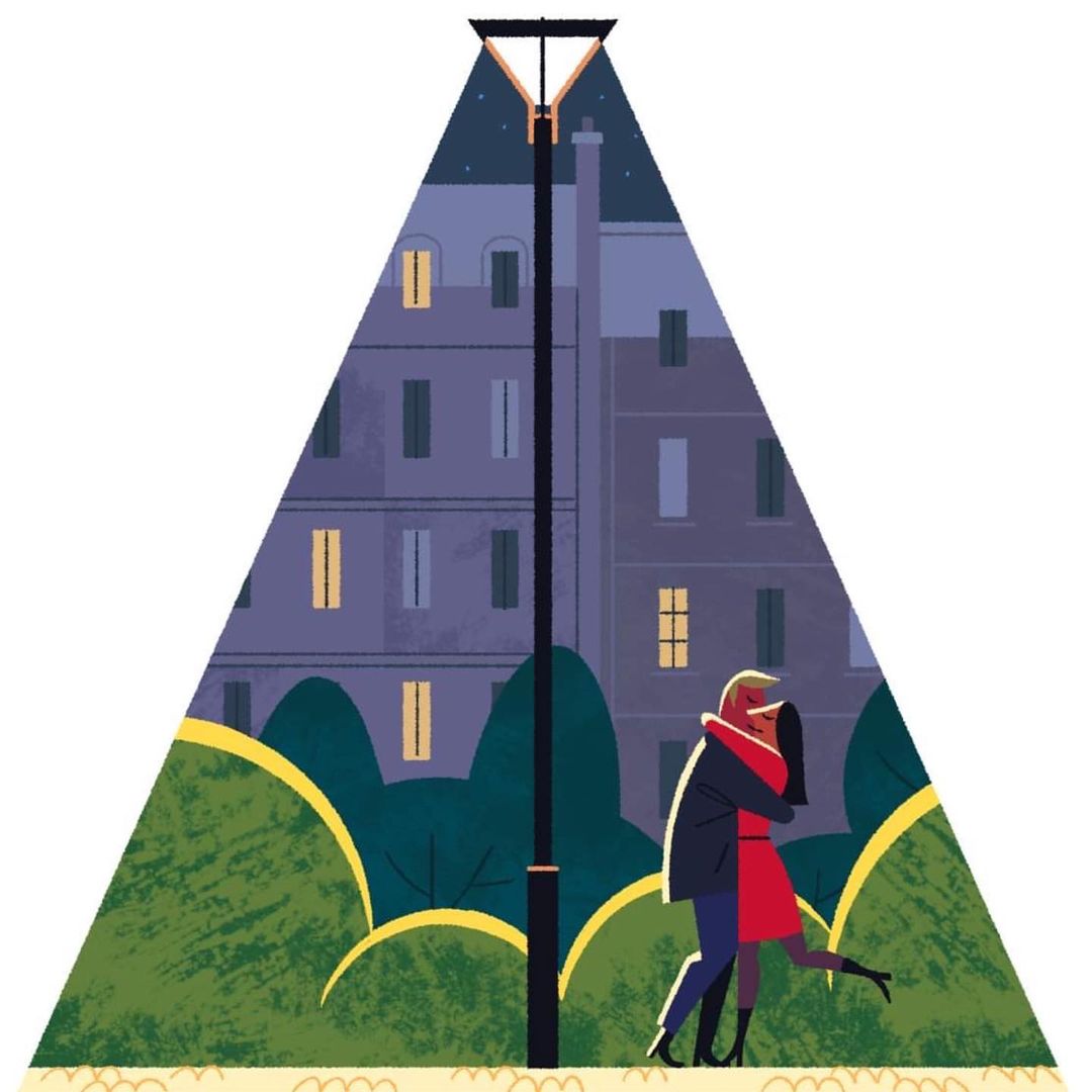 Illustration of a couple embracing beneath a street lamp, set against buildings at night with a triangular view, showcasing a romantic moment.