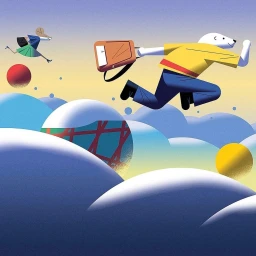 Digital illustration by Theo Guignard of an anthropomorphic polar bear leaping over stylized clouds with a small mouse running behind.