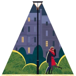 Illustration of a couple embracing under a streetlamp within a triangular frame showing an evening urban scene by Theo Guignard