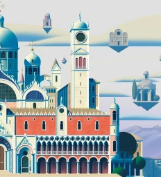 Digital illustration of classical European architecture with floating buildings and domes in shades of blue and cream by Theo Guignard