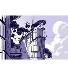 Monochrome architectural sketch of modern buildings with rooftop trees against a pale sky by Theo Guignard