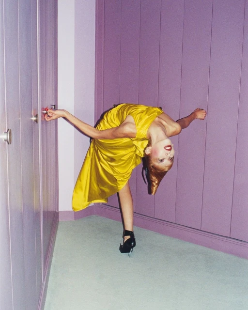 Red-haired woman in a yellow dress bends backward in front of a wardrobe. She wears black high heels and has fair skin and red lipstick.