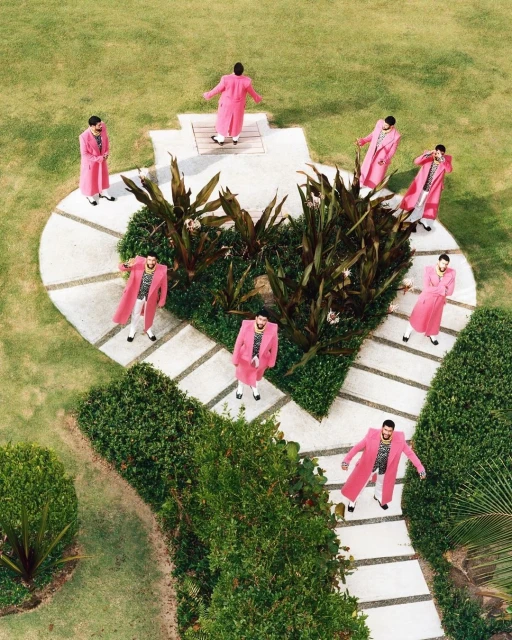 Overhead shot showcases a man in a pink coat on a brick path surrounded by lush green lawns and hedges in a garden setting.