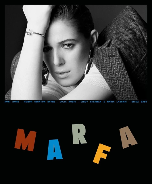 Monochrome portrait of a woman with hand on head, wearing earrings and a jacket. Colorful text spelling 'MARFA' on a black background.