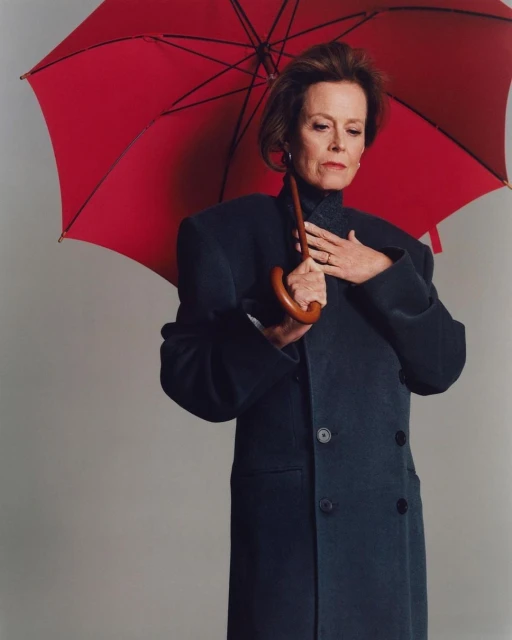 Mature woman in dark coat holds closed red umbrella. Studio portrait with soft lighting against neutral backdrop, fashionable style.