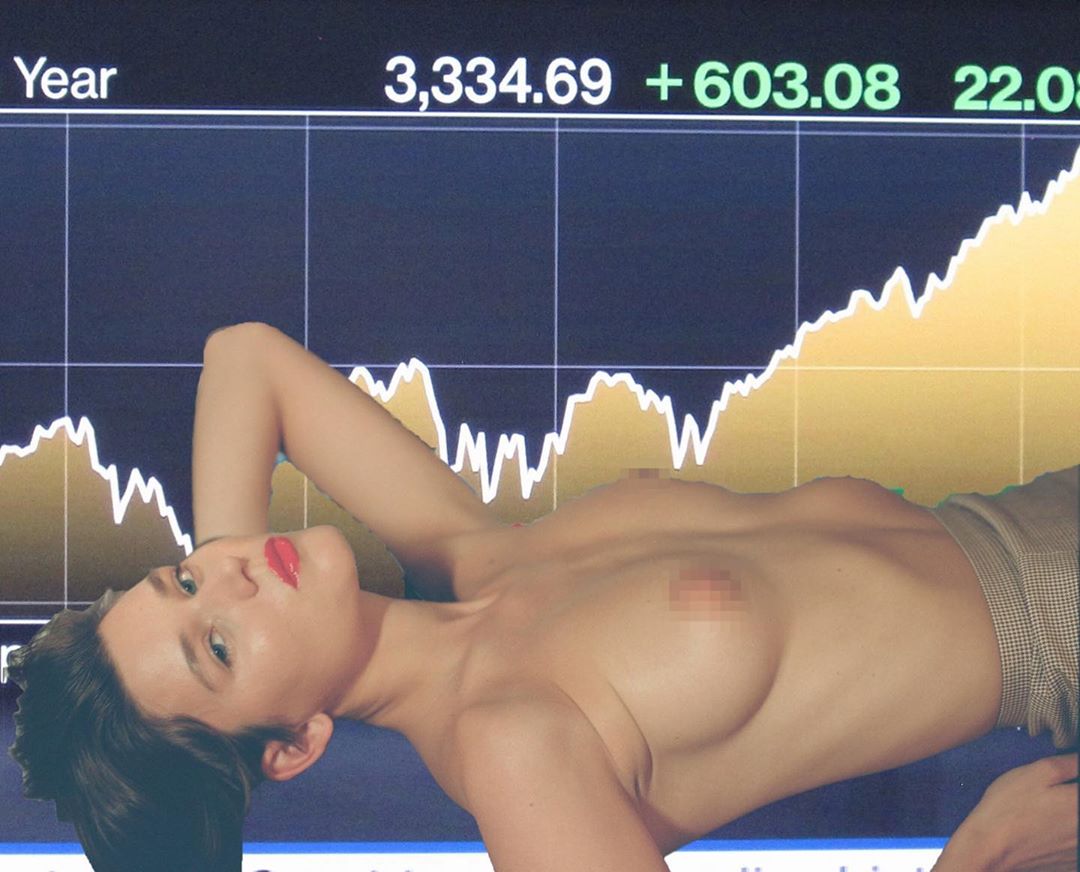 Abstract image of a woman with red lipstick, lying in front of a graph with financial data, suggesting themes of finance, beauty, and data.