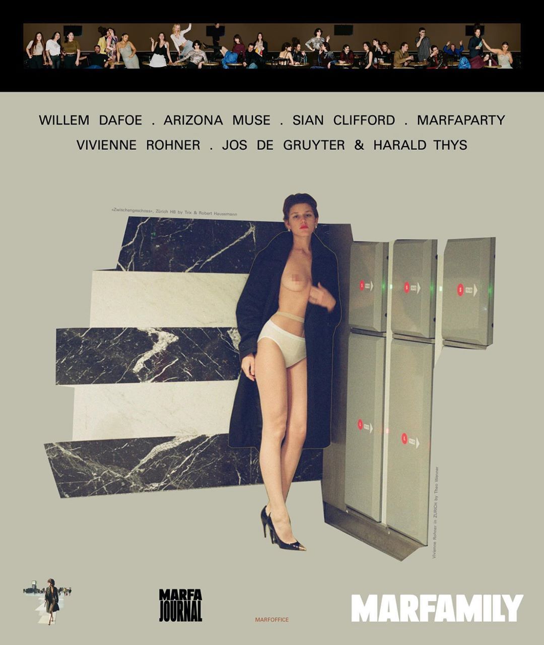 Collage art featuring a woman in lingerie and a coat, juxtaposed with marble and electrical equipment against a neutral background.