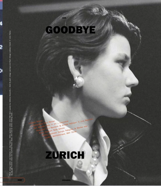 Black and white portrait of a woman with pearl jewelry wearing a jacket and collared shirt with text overlayed on the image.
