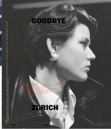 Black and white portrait of a woman with pearl jewelry wearing a jacket and collared shirt with text overlayed on the image.
