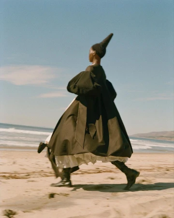 Fashion shot of a Black woman walking on a beach. She is wearing a dark cape-like dress with a tall, pointed hat, boots, with a sunny, ocean backdrop.