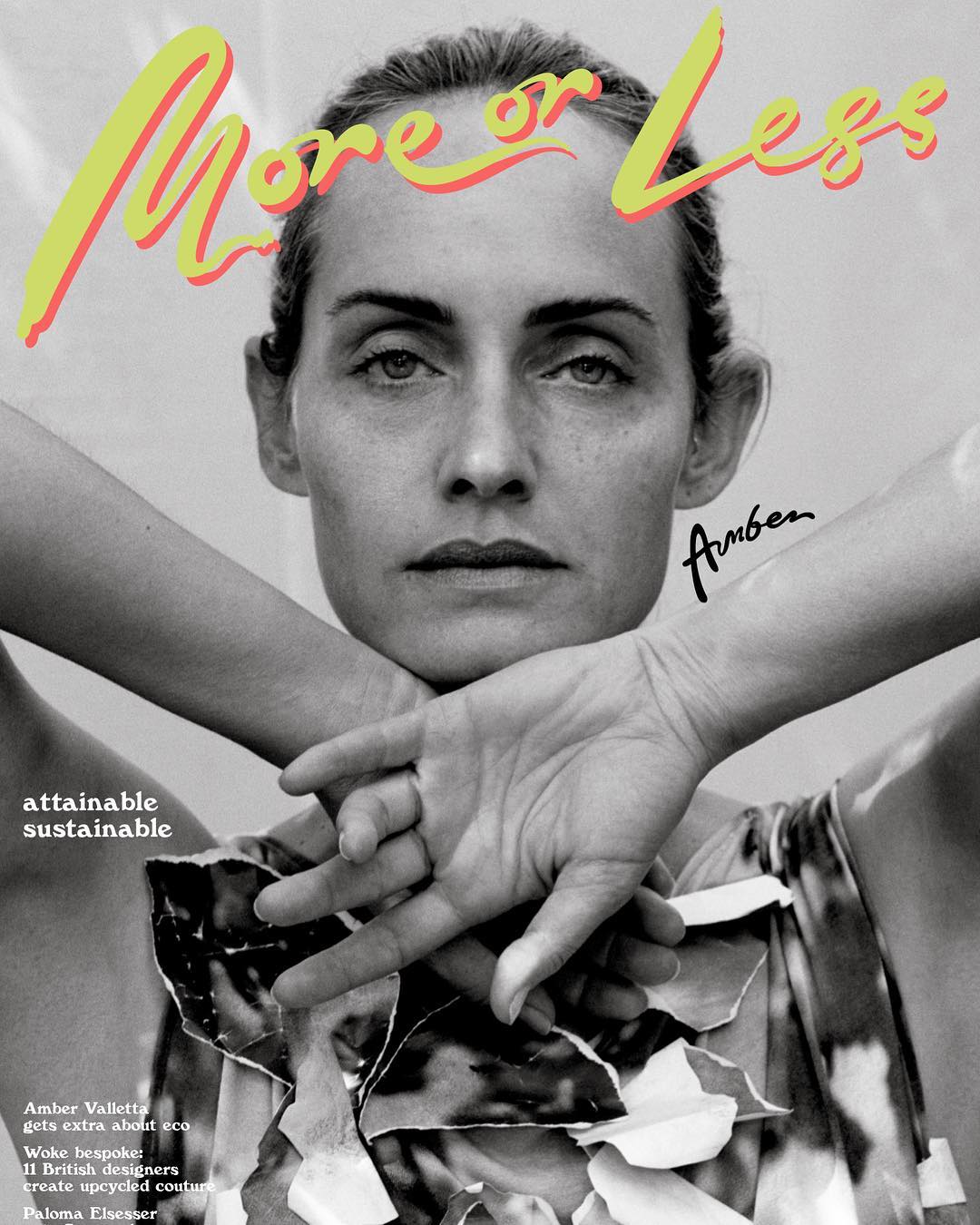 Black and white portrait of model Amber Valletta for More or Less, with yellow title text and visible sustainable fashion claims.