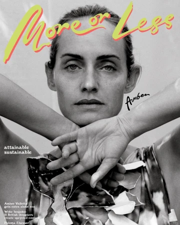 Black and white portrait of model Amber Valletta for More or Less, with yellow title text and visible sustainable fashion claims.