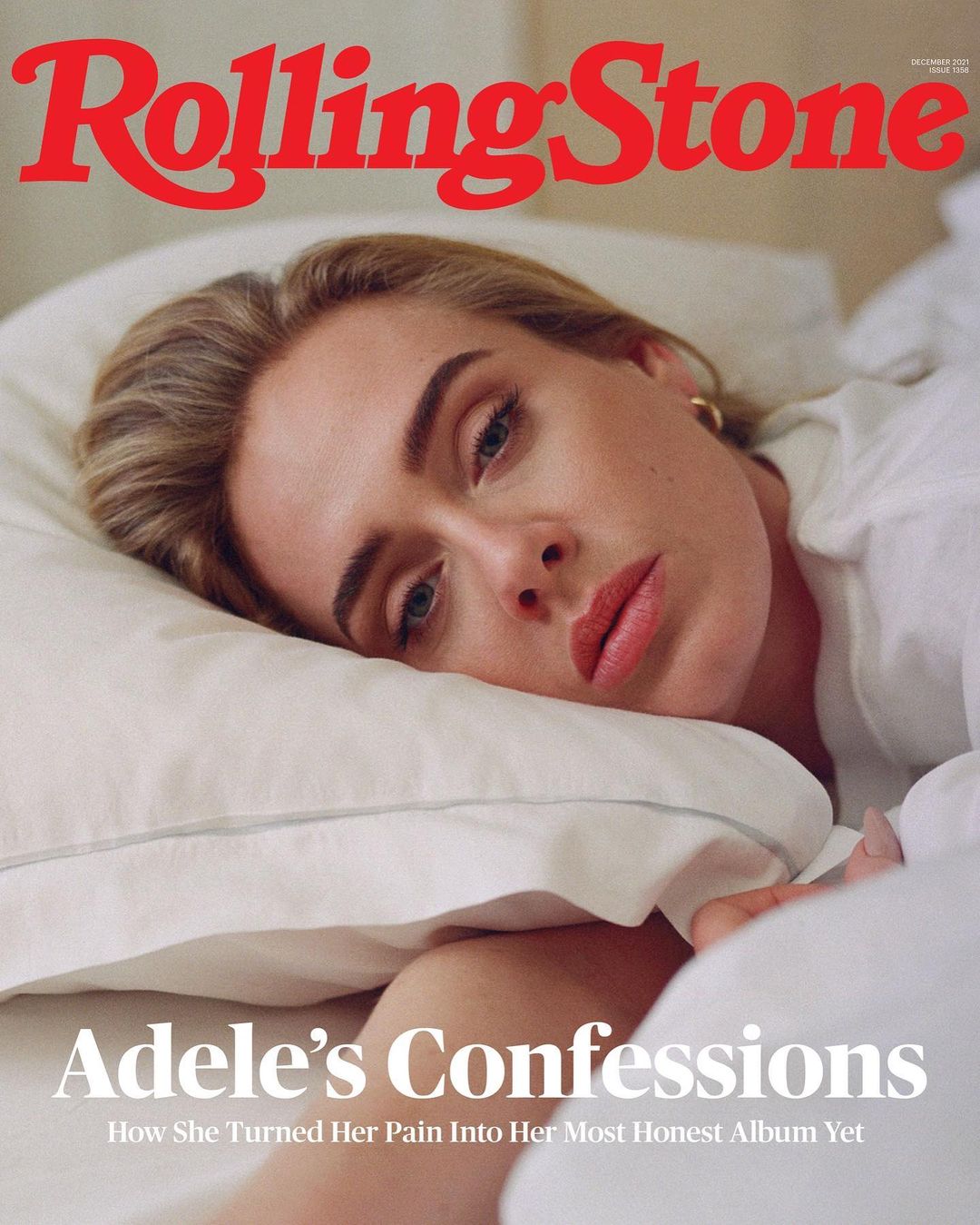 Rolling Stone magazine cover featuring a portrait of singer Adele resting her head on a pillow with the magazine's logo and title text.