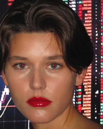 Close-up portrait of a woman with short dark hair and red lipstick, against a backdrop of stock market data.