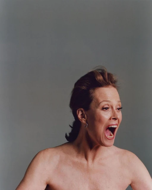 Close-up studio portrait of a topless adult female with auburn hair in a high updo, earrings, and an open-mouthed expression against a gray background.