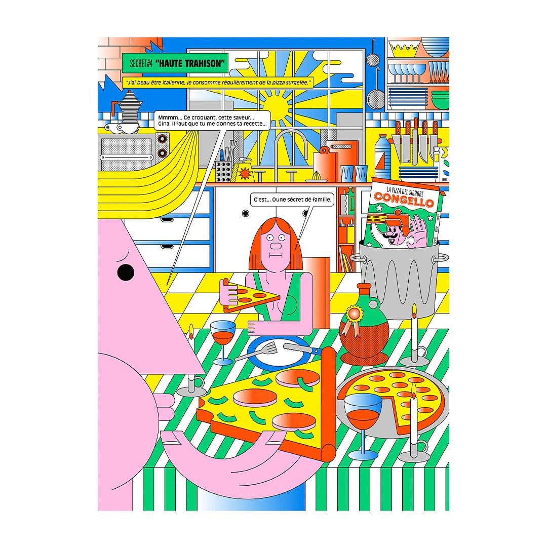 Whimsical illustration of a pink figure, woman with red hair eating pizza at a table set with wine, in a stylized kitchen setting.