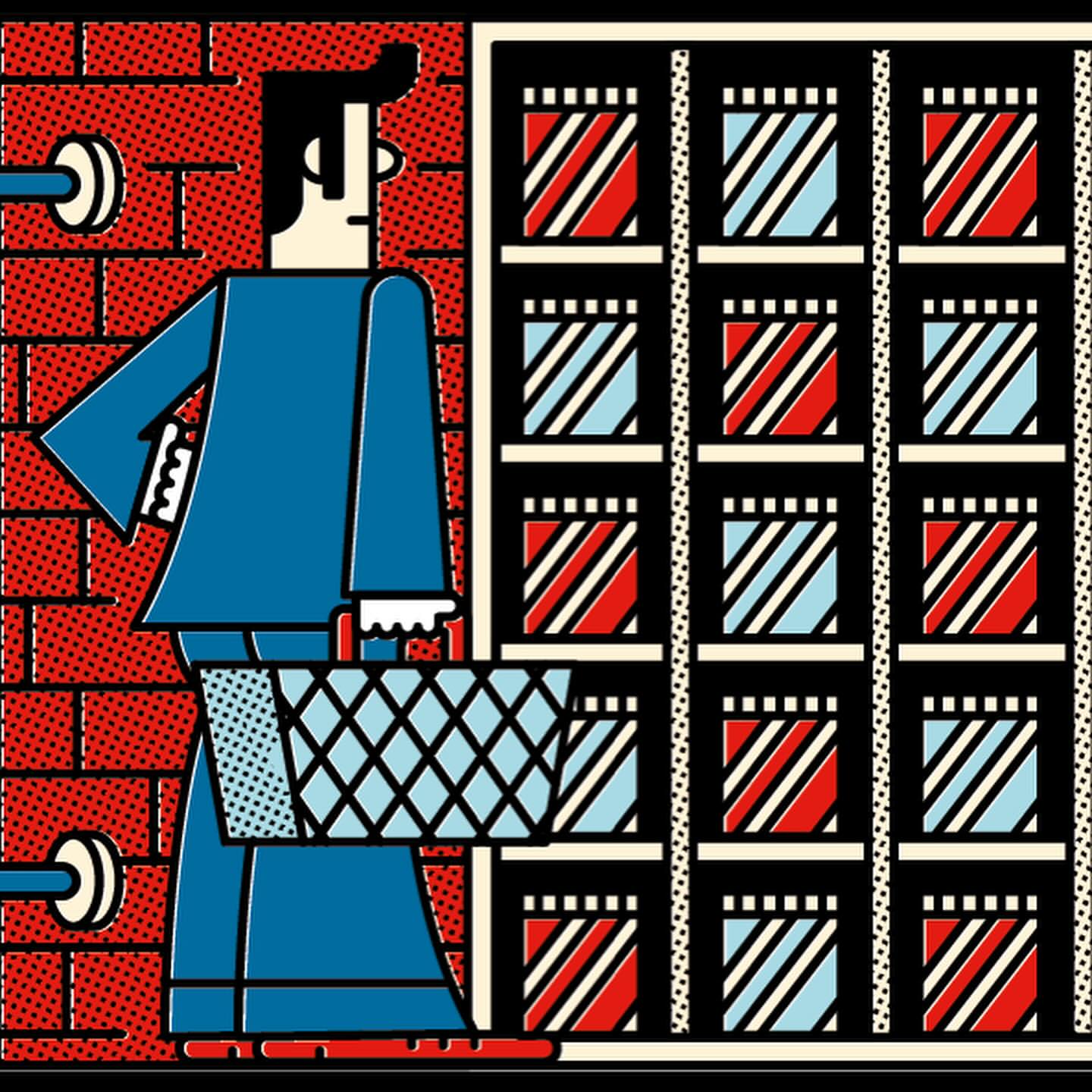 Illustration of a man in a blue suit walking past a red brick wall and a shelf with patterned containers, rendered in a graphic style.