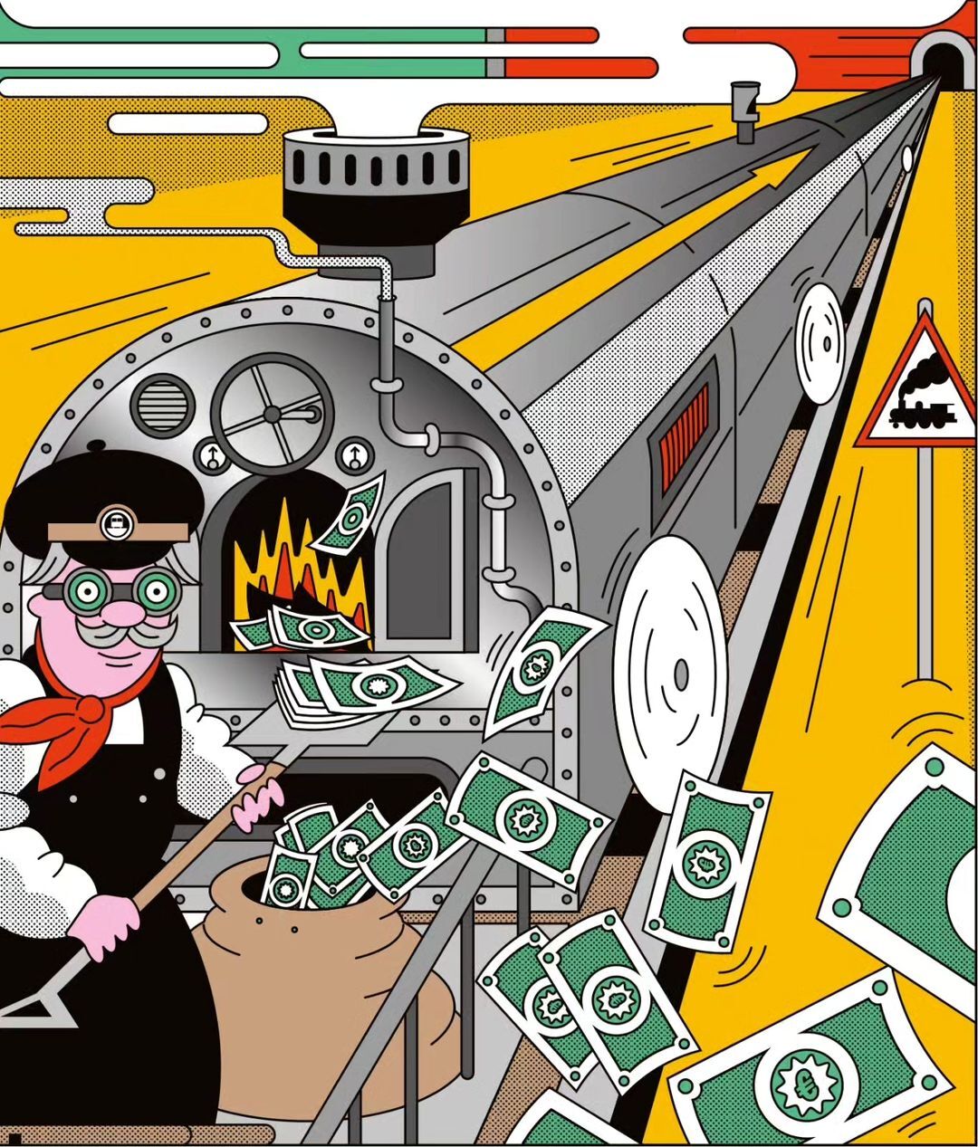 Illustration of a cartoon train engineer shoveling money into a steam train's furnace, with money flying around, near a railroad crossing sign.