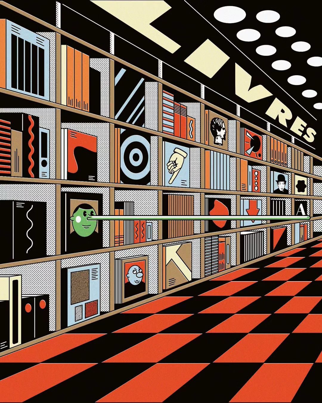 Whimsical illustration of a bookshelf filled with books and art against a red and black checkered floor, viewed from a low angle.