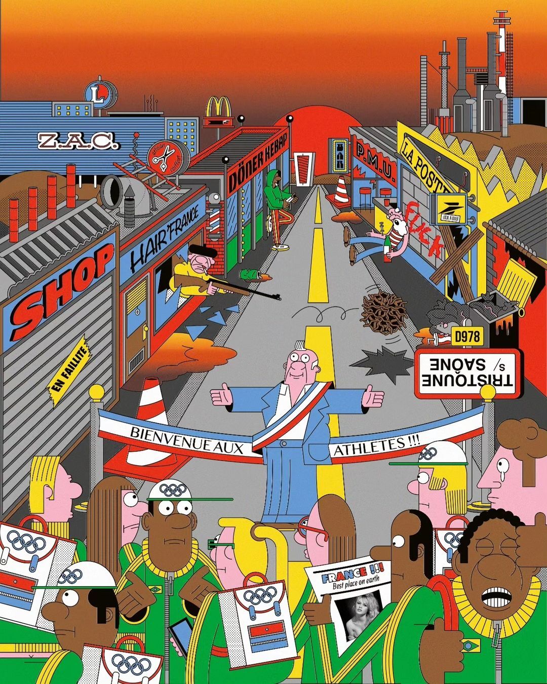 Illustration of a crowd welcoming athletes with banners, buildings, and infrastructure in the background under an orange sky.