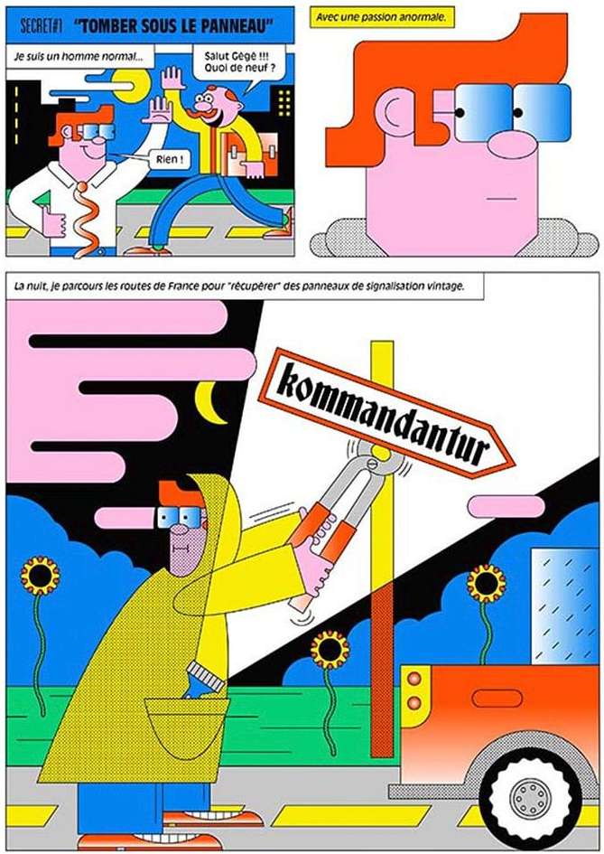 Whimsical cartoon illustration of a man removing a street sign at night with a car in the background, and a comic strip layout.