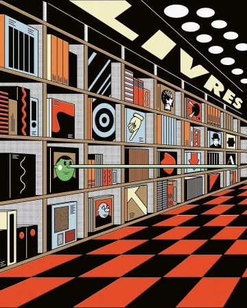 Digital illustration of a bookstore interior with shelves of books and a red and black checkered floor by Theophile Sutter.