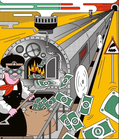 Illustration of a conductor shoveling money into a steam train engine by Théophile Sutter