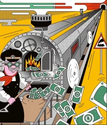 Illustration of a conductor shoveling money into a steam train engine by Théophile Sutter