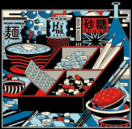 Detailed vector illustration featuring various pharmaceutical items, medical pills, syringes, and food items in bold blue, red, and black.