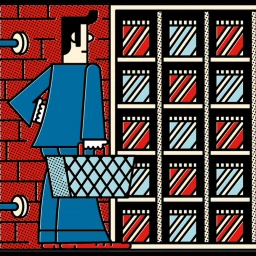 Illustration of a man in a blue suit holding a shopping basket standing before store shelves by Theophile Sutter
