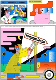 Comic strip illustration by Théophile Sutter featuring flat graphic characters cutting a vintage road sign at night
