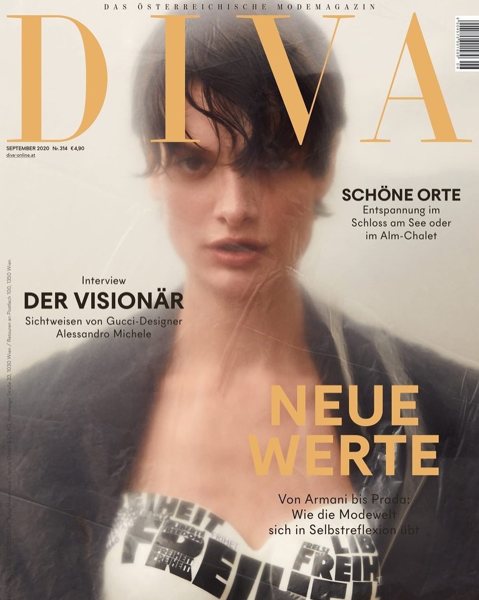 Diva magazine cover featuring a female model with short hair wearing a printed top and jacket, with the magazine's title and headlines.