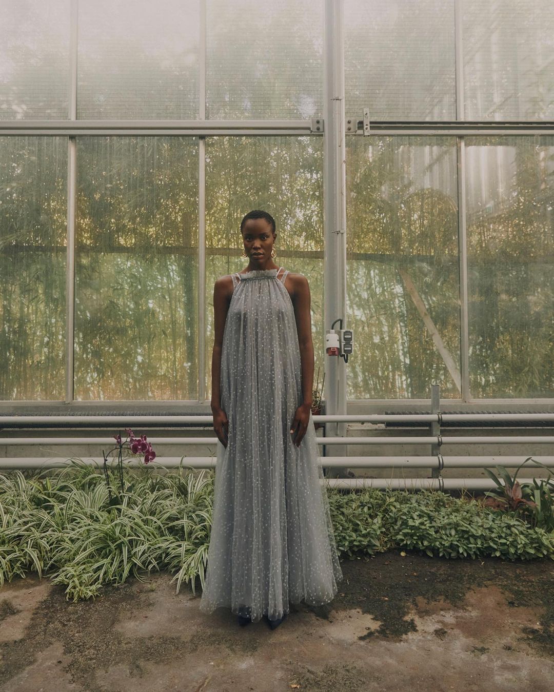 Elegant Black woman in a silver gown stands inside a greenhouse among plants. The dress is sleeveless with a high neckline.