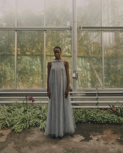 Elegant Black woman in a silver gown stands inside a greenhouse among plants. The dress is sleeveless with a high neckline.