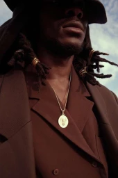Close-up portrait of a man wearing a brown blazer, gold pendant necklace, and dark hat against a cloudy sky.