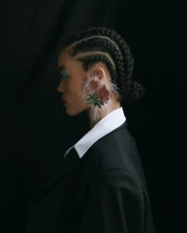 Profile portrait of a woman wearing cornrows, statement floral feather earrings, and a black suit jacket by Theresa Kaindl.