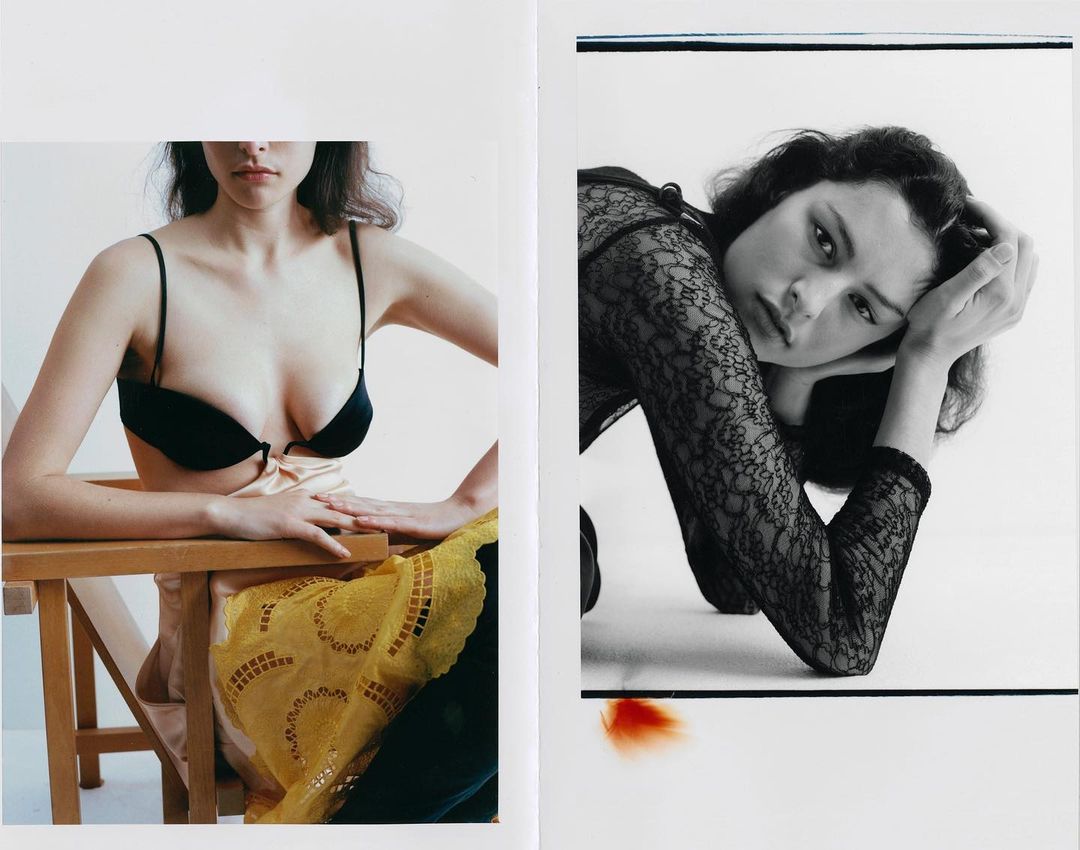 Two photos featuring women in lingerie, one in a black bra and the other in a black lace top, against a light background.