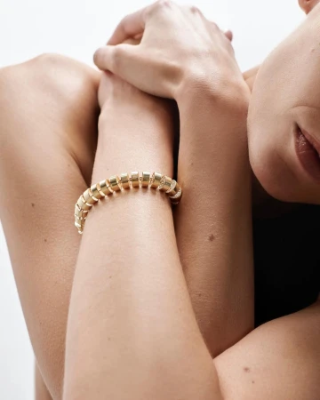 Close-up portrait of a woman wearing a segmented gold bracelet on her arm against a clean white background.