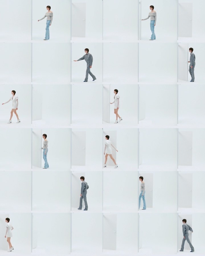 A repeating grid of a slender adult wearing casual clothing, walking through white doorways against a stark white photo studio background.