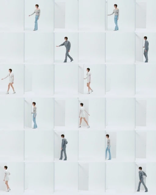 A repeating grid of a slender adult wearing casual clothing, walking through white doorways against a stark white photo studio background.