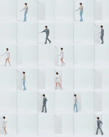 A repeating grid of a slender adult wearing casual clothing, walking through white doorways against a stark white photo studio background.