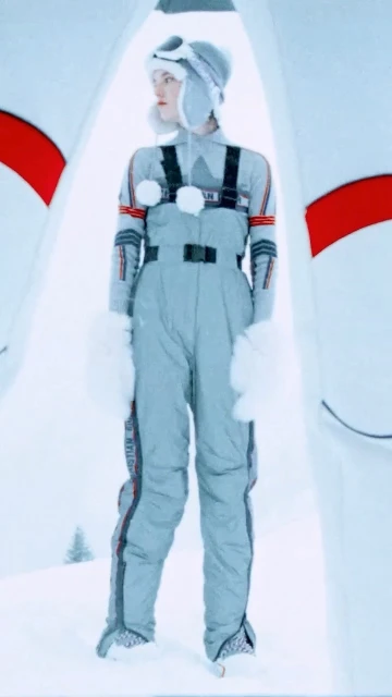 A woman in a grey snowsuit and a fur-trimmed hat stands in a snowy landscape with architectural features and a pine tree in the distance.