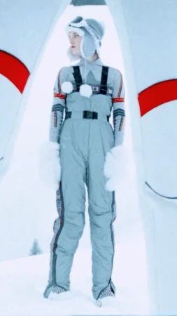 A woman in a grey snowsuit and a fur-trimmed hat stands in a snowy landscape with architectural features and a pine tree in the distance.