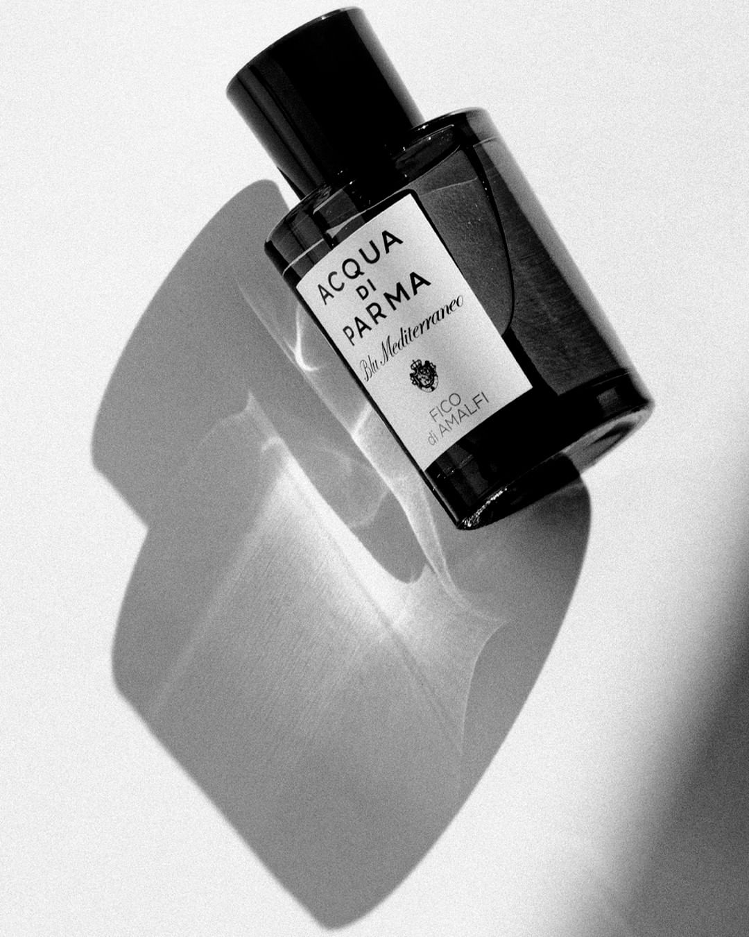 Elegant presentation of Acqua di Parma Fico di Amalfi fragrance bottle on a white surface with sunlight creating a captivating shadow.