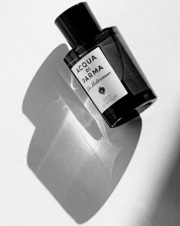 Elegant presentation of Acqua di Parma Fico di Amalfi fragrance bottle on a white surface with sunlight creating a captivating shadow.
