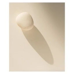 A smooth white stone casting a sharp diagonal shadow on a neutral beige textured wall surface.