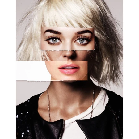 Portrait of a blonde woman with a collaged face overlay, wearing a black jacket and white t-shirt against a grey background.