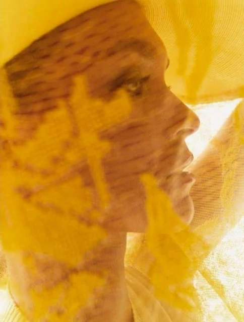 Profile portrait of a person with pale skin, covered in a yellow translucent veil and paint, creating a blurred and ethereal effect.