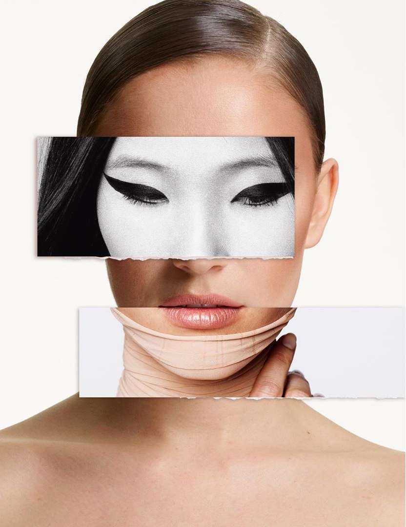 Striking beauty editorial showcases a woman with fair skin, strong eye makeup, and artistic collage-style composition against a stark white backdrop.