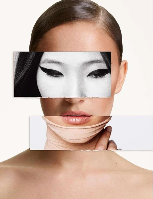 Striking beauty editorial showcases a woman with fair skin, strong eye makeup, and artistic collage-style composition against a stark white backdrop.